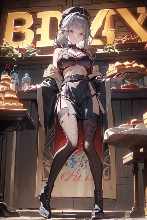 (perky chest:1.2), (pointed chest:1.2),(Pudding cake magazine cover:1.3),(from below:1.2),(shoot from the side:1.1),(((Black Tunic:1.3))),(((cakes and bread in the basket),a 23yo Cute and beautiful girl,masterpiece、highest quality、Very detailed、Beautiful fine details、Detailed landscape、Braided Ponytail、Red camisole、((B cup breasts, Tank top showing underboob:1.0)), thigh strap, bangs, necktie, earrings, nail polish, fishnet pantyhose, silver hair, looking at viewer, full body, bottle, own hands together, belt, food, ring, choker, english text paper:1.2, collared shirt, blue eyes, hat,lace-up boots ,
