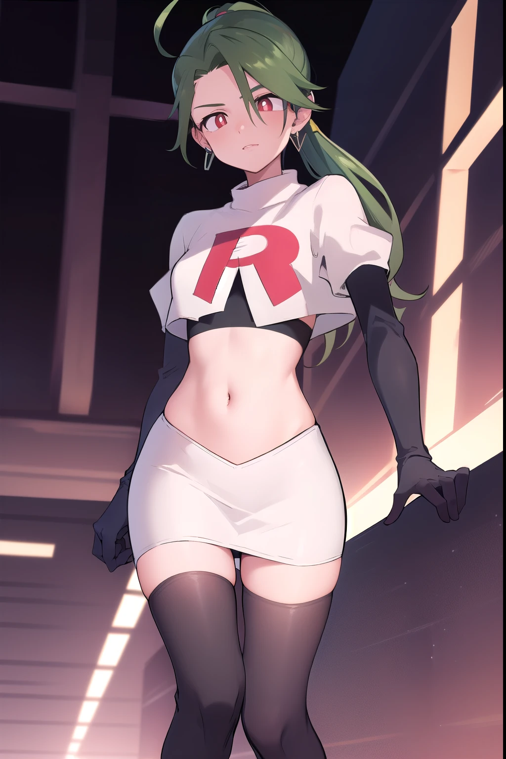 absurdres, best quality, 1girl, solo, eye focus, looking at viewer,  rika, ahoge, ponytail, bright pupils, white pupils, earrings, green hair, red eyes, bright pupils, team rocket,team rocket uniform,white skirt,red letter R,crop top,black thigh-highs,black elbow gloves