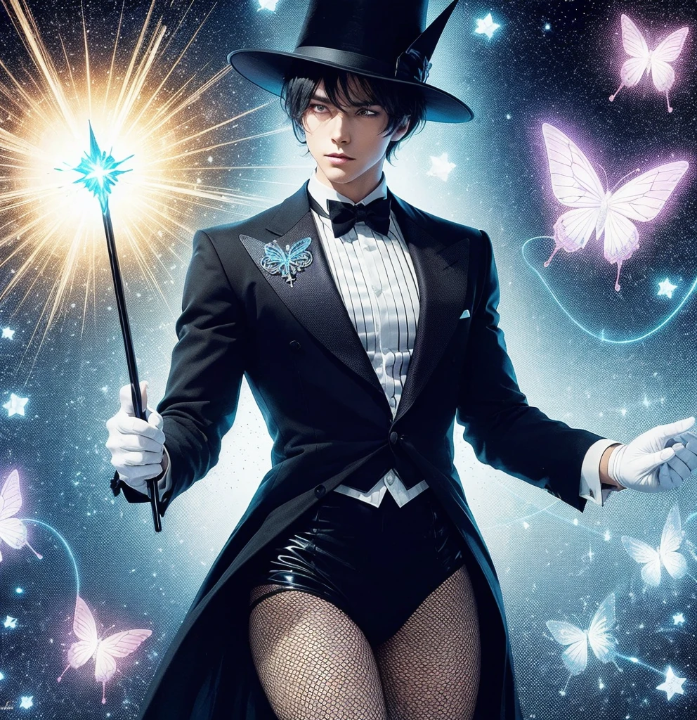 American classic comic book art: Handsome ethereal young man delicate, black short hair bangs, black wizard hat on head, navy black magician outfit Zatanna, fishnet stockings, holding an elegant cane, white gloves, emanating bright blue magic, yellow pink energy, white eyes, sorcerer magician, beautiful thighs, very young face man, lilac light magical butterflies, Magic of Imagination, casting spell, medieval castle, classic comic book
