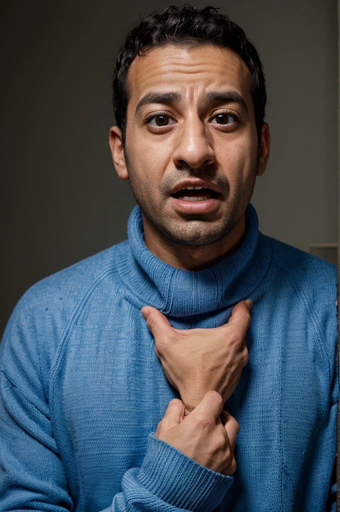 Arafed man wearing blue sweater making funny face with hands, expressive surprised expression, surprised expression, enthusiastic expression, enthusiastic facial expression, surprised expression, shutter, looking surprised, wide eyes surprised expression, enthusiastic, surprised, Portrait of terrified man&#39;s face, surprised frown, surprised look, Screaming man, very enthusiastic, very surprised, stock