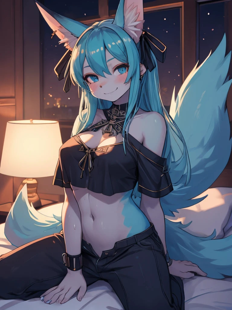 Miku Hatsune, add high definition_detail:1, blue fur,kitsune ears, tribal tattoo add_detail:1,pose in bed, scoating position during a full moon showing off her beautiful figure and her outfit (black blouse bare shoulders, he pulls down his pants with one hand, while biting the.Other ) sweaty body add_details:1, smiling add_detailsl:1, ear piercing add_detail:1, scoating position on bed add_detail, horny girl add_detail:1 