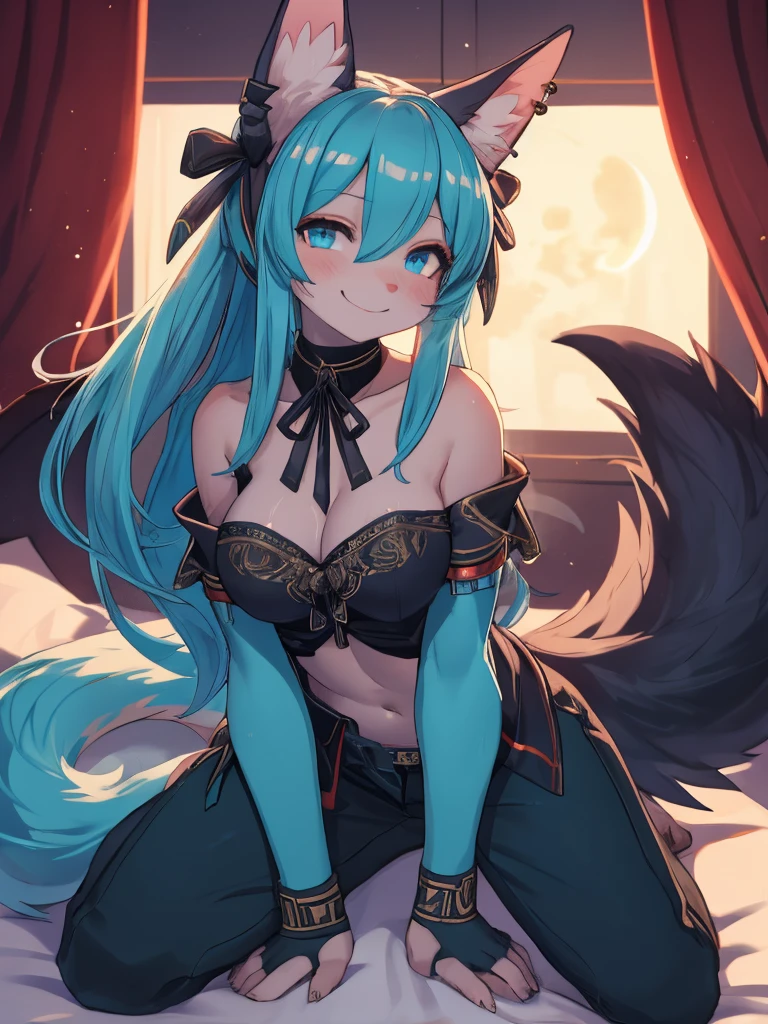 Miku Hatsune, add high definition_detail:1, blue fur,kitsune ears, tribal tattoo add_detail:1,pose in bed, scoating position during a full moon showing off her beautiful figure and her outfit (black blouse bare shoulders, he pulls down his pants with one hand, while biting the.Other ) sweaty body add_details:1, smiling add_detailsl:1, ear piercing add_detail:1, scoating position on bed add_detail, horny girl add_detail:1
