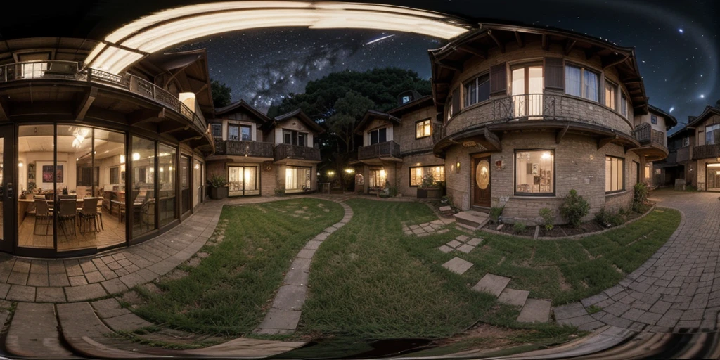 Equirectangular 360-degree panorama view photo with left and right ends seamlessly connected. night, village, ファンタジー