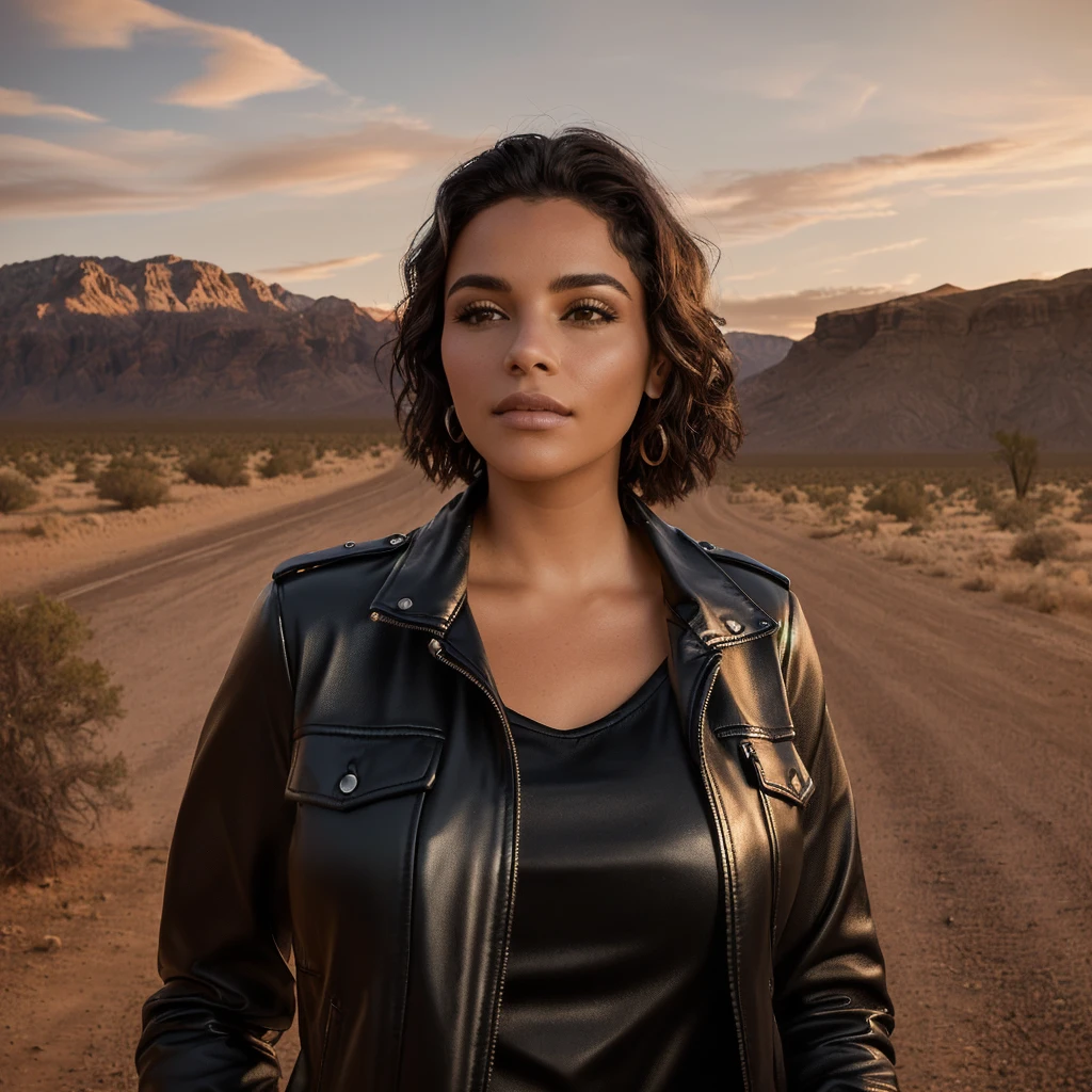 woman in black leather jacket standing on dirt road with trees in the background, on a scenic background, on a desert road, Desert in the background, In the wilderness, In the wilderness, in a desert, high-quality portrait, in the middle of the desert, In the wilderness, in front of the burning desert, hills in the background, parado ao lado do oásis In the wilderness