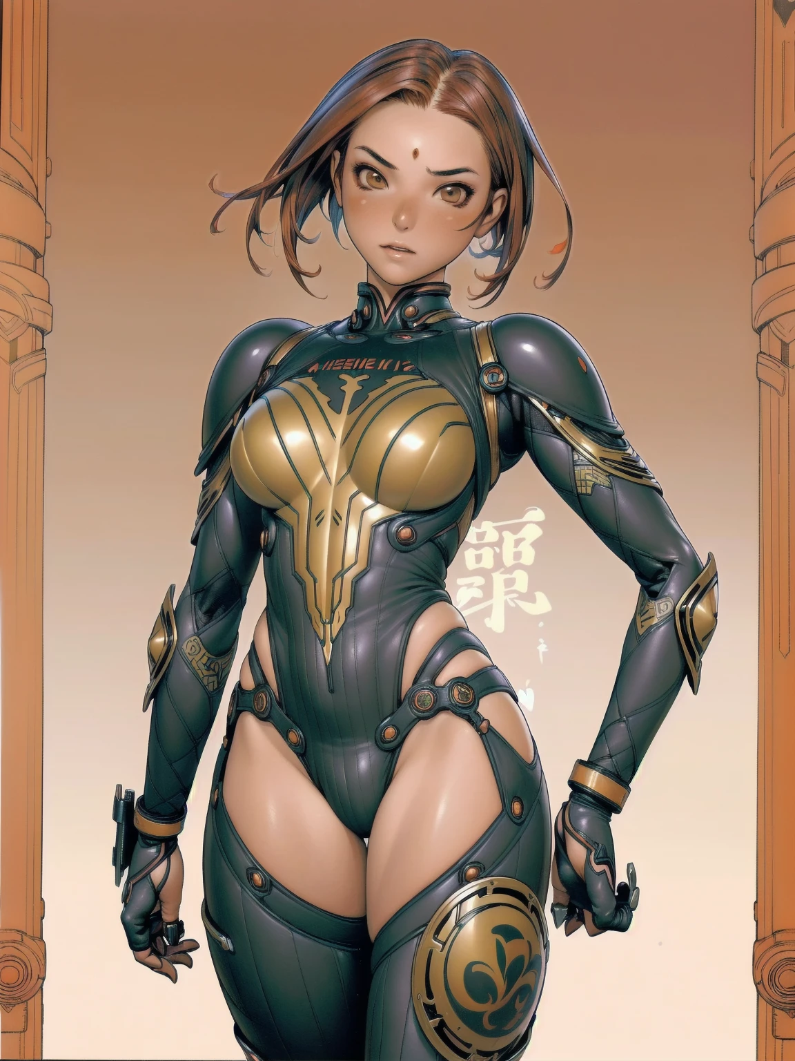 (((Black and golden)), ((best qualityer)), (((front view))), (((perfect body))), (((slim))), (Muscles), (((fit body armor suit))), ((Perfect masterpiece)), (detailded: 1.4), (absurdrez), (((long red hair with heavy bangs covering the entire forehead and a moth))), (((full body fitness, Venom symbol)), (((short hair woman, blushful))), 21 year old woman, beautiful sexy woman, giant robot pilot, wild with perfect corpo fitness, wearing small mecha battle armor clothes, tiny thong, Shonen manga style, clothing with Japanese cyberpunk graphic patterns, Halftone pattern and vertical stripes, earth tone, exiting the body of a giant robot, (((cowboy shot)))