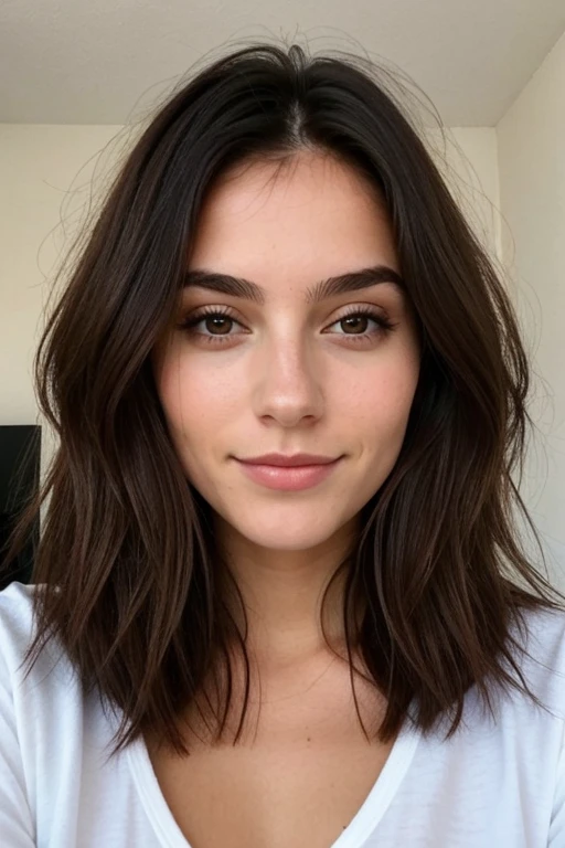 Femme brune européenne hyperréaliste aux cheveux bouclés et au visage rond et sérieux 
