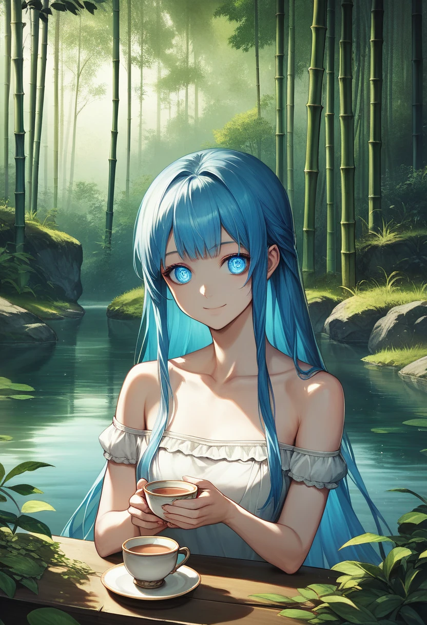 masterpiece, best quality, official art, 8k wallpaper, highly detailed, illustration, 1 girl, Azure hair, long hair, detailed eyes, forrest,  shoulders, hanfu,lakes, pure, soft smile,bamboo,Tea