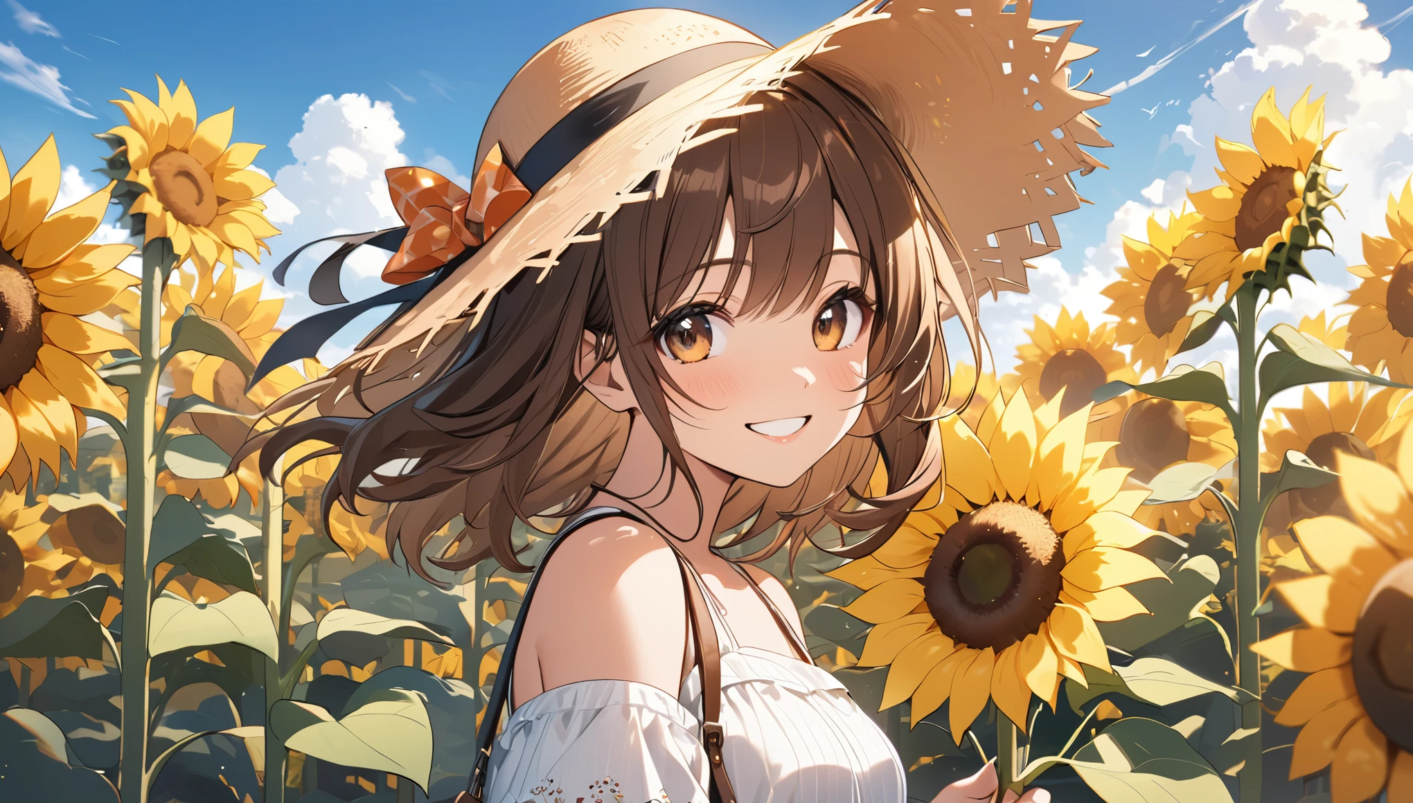 (Highest quality)Girl in a sunflower field,Brown hair and wearing a straw hat,smile