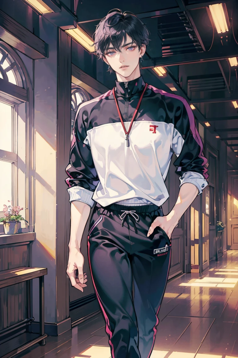 (masterpiece), best quality, seductive eyes, perfect face, handsome man, purple eyes, middle part black haircut, volleyball jersey, sports jogging pants, full body, tall man, long legs, anime cover, 1boy, cross ear rings, hands in pockets, adult-like look, volleyball player, volleyball ball