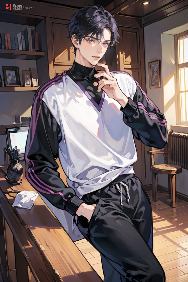 (masterpiece), best quality, seductive eyes, perfect face, handsome man, purple eyes, middle part black haircut, volleyball jersey, sports jogging pants, full body, tall man, long legs, anime cover, 1boy, cross ear rings, hands in pockets, adult-like look, volleyball player, volleyball ball 
