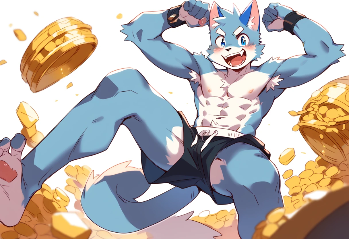 score_9, score_8_up, score_7_up, male, furry, high quality, hires, anthro, teenager, 16 years old, domestic cat, light blue fur, blue eyes, wide eyebrows, an excited expression, humanoid feet, slim body, prominent v-line, prominent abs, prominent legs, prominent forearm, prominent knees, white background, treasure trail, armpit hair, furry legs, in various sexy poses, folded arms