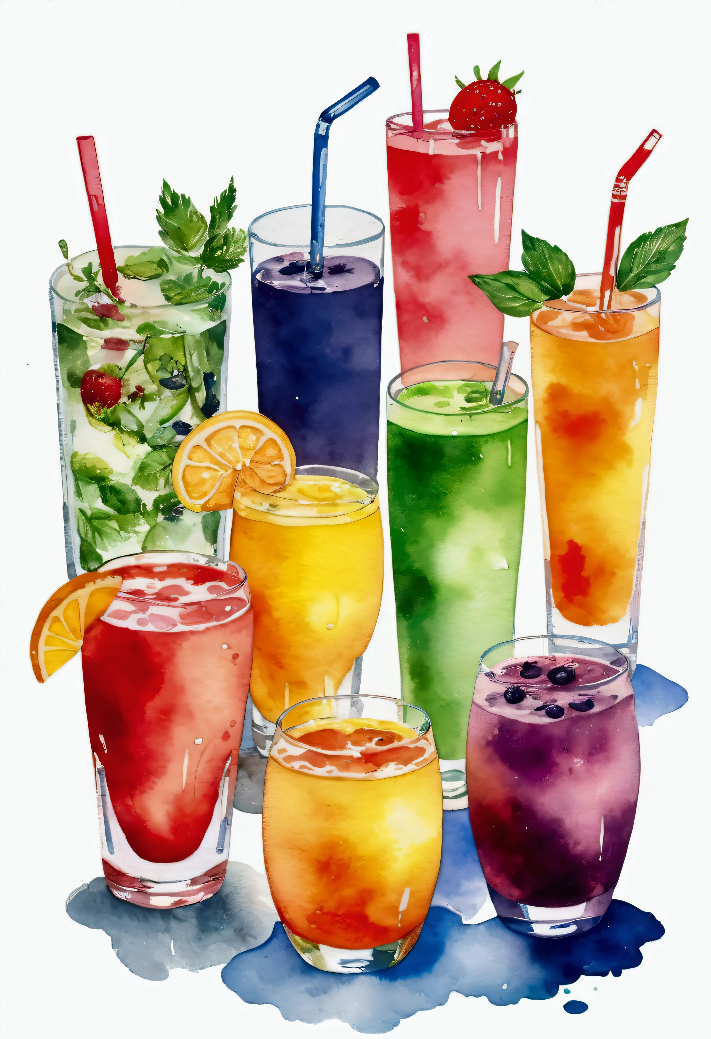 there are many types of colorful healthy drinks served in glasses, the glasses sitting on a surface, juices, smoothie and infused water , illustration, isolated with solid white background, surrounded with negative space, centered composition, highest detailed painting, very precise line, Isolated, clear solid white background, perspective angle of view, ((watercolor:1.5)), (lora:add-detail-xl:1), (masterpiece), (best quality), no bread on the floor, washed out color, (ghibli)