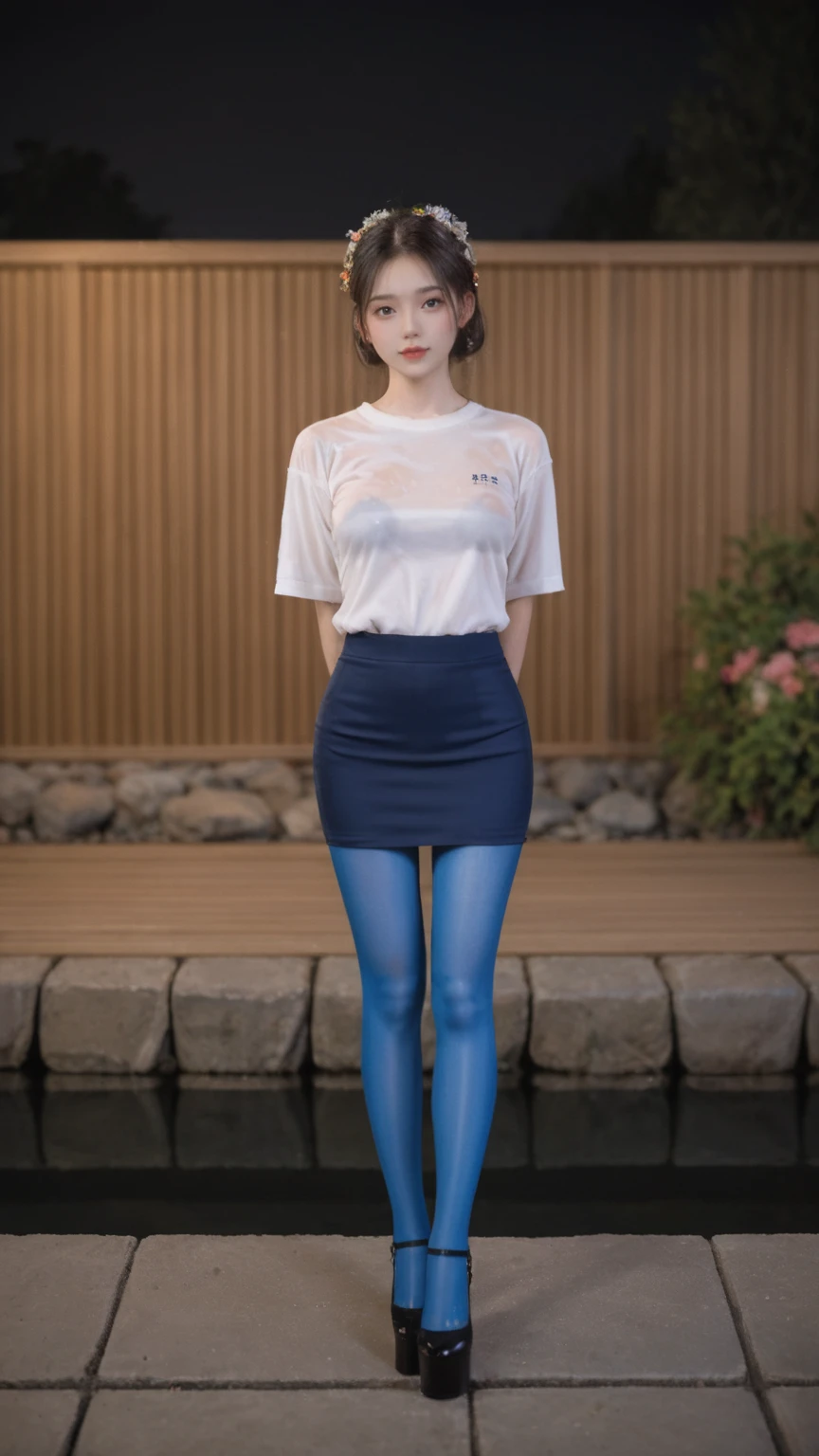 realistic,score_9, score_8_up, score_7_up, ultra-realistic, photorealistic, young Chinese girl, traditional Hanfu, bare shoulders, outdoor onsen, night, dim lighting, flower arrangement, floating long dark brown hair, full body, seductive pose, arms at sides, blue pantyhose, wedge heels, pencil skirt, focus on large breasts, fit petite body, curvy emphasis, underwater, wet hair, wet shirt, masterpiece, ultra-high resolution, 4K, HDR, UHD, K quality, depth of field effect, seductive gaze towards viewer
