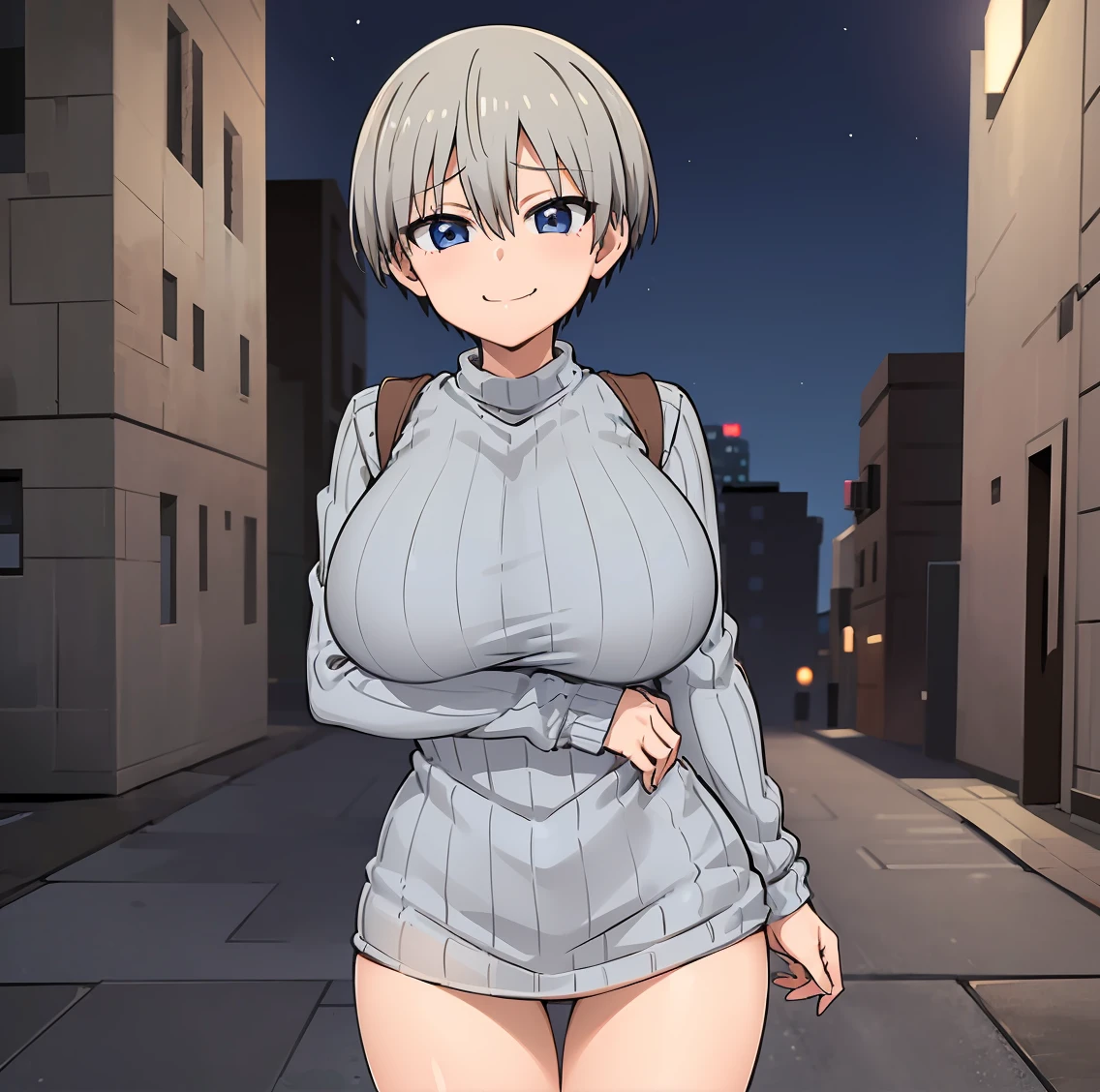 ((1girl)),((alone)),uzaki hana,(masterpiece), (best quality), (ultra detailed), (best illustration), (best shadow), (absurdities), sharp focus, cowboy photo , looking at the viewer, big breasts, narrow waist, wide hips, wide thighs, round butt, dynamic posture, gray hair, short hair, hair between the eyes, bangs, blue eyes, fangs, huge breasts, gray sweater dress, sweater ribbed, bare legs, smirk, closed mouth, (sexy pose: 1.2), alone, standing: 1.3, outdoor, night, cityscape, city, streets, city lights, looking forward, ((focus on breasts )), pov (from below), red blush, perfect anatomy, perfect hands