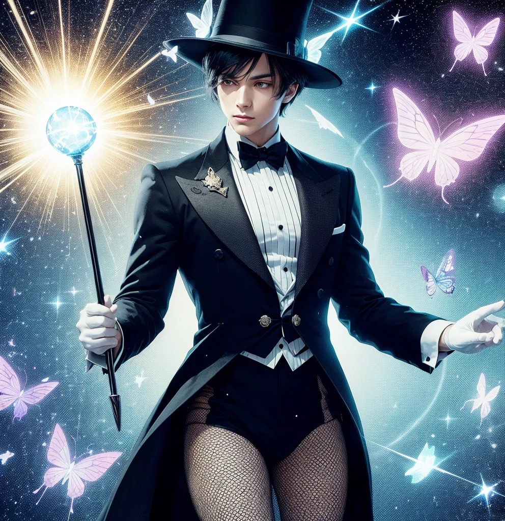 American classic comic book art: Handsome ethereal young man delicate, black short hair bangs, black wizard hat on head, navy black magician outfit Zatanna, fishnet stockings, holding an elegant cane, white gloves, emanating bright blue magic, yellow pink energy, white eyes, sorcerer magician, beautiful thighs, very young face man, lilac light magical butterflies, Magic of Imagination, casting spell, medieval castle, classic comic book 