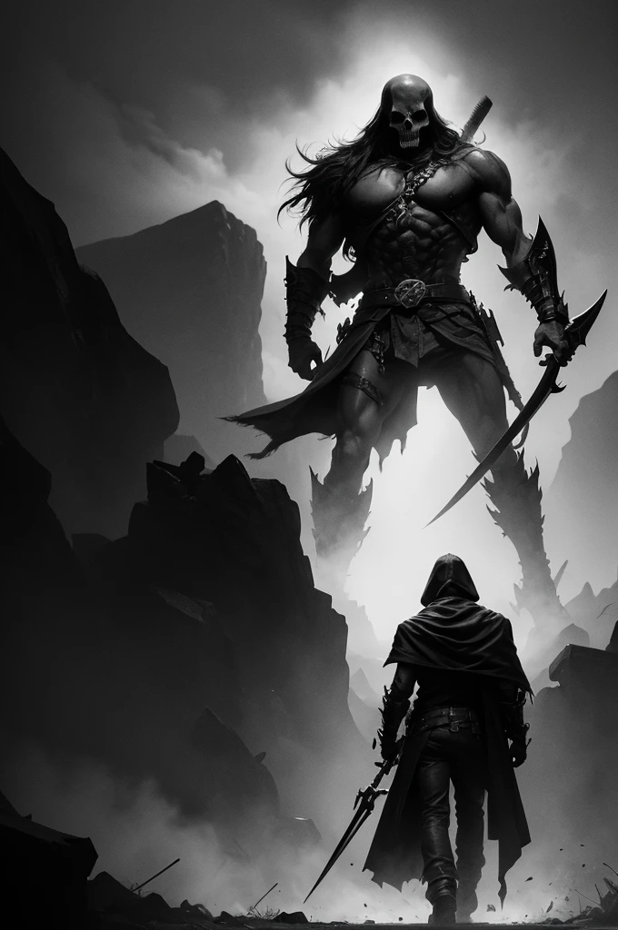The image is a black and white drawing of a skull and a figure with a weapon. The skull is large and prominent, with a menacing expression. The figure is smaller and appears to be walking away from the skull. The drawing is done in a loose and expressive style, with a lot of brushstrokes and texture. The overall effect is one of darkness and foreboding. The image could be interpreted in many ways, but it is likely a depiction of death or danger.
