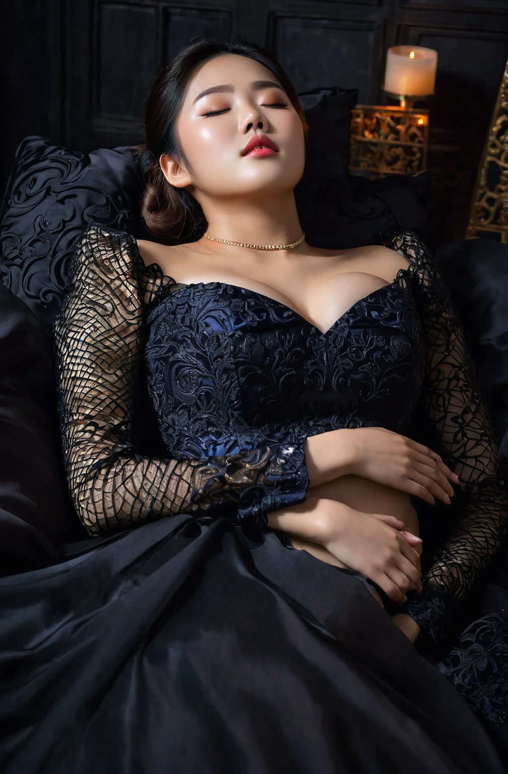 In a striking 8K HDR scene, a stunning Korean woman, 22 years old, lies peacefully in a black coffin surrounded by plush pillows. The deep box is set against a rich black background, accentuating the beauty of the subject. Her exquisite kebaya with sleeve attire is embroidered with superb detail, showcasing her round and firm breasts, perfect cleavage, and beautiful eyebrows. Her closed eyes and mouth give an air of serenity, while her visible and absolute cleavage leave nothing to imagination. The scene is bathed in saturated colors, highlighting every intricate aspect from the ball skirt to her clean face, straight body, detailed hand perfect hands, straight body.
