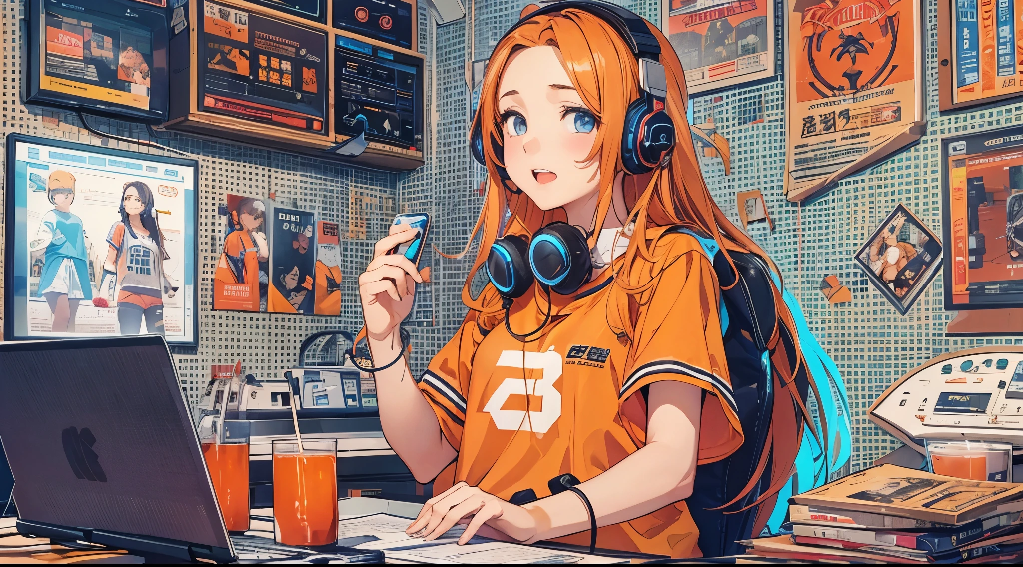 high resolution、One Girl、Wearing headphones、Logo T-shirt and hot pants、In the girl's room、Studying on a computer、Large monitor、Vibrant colors、Vivid Color、Warm shades、Full body images、Orange long hair、