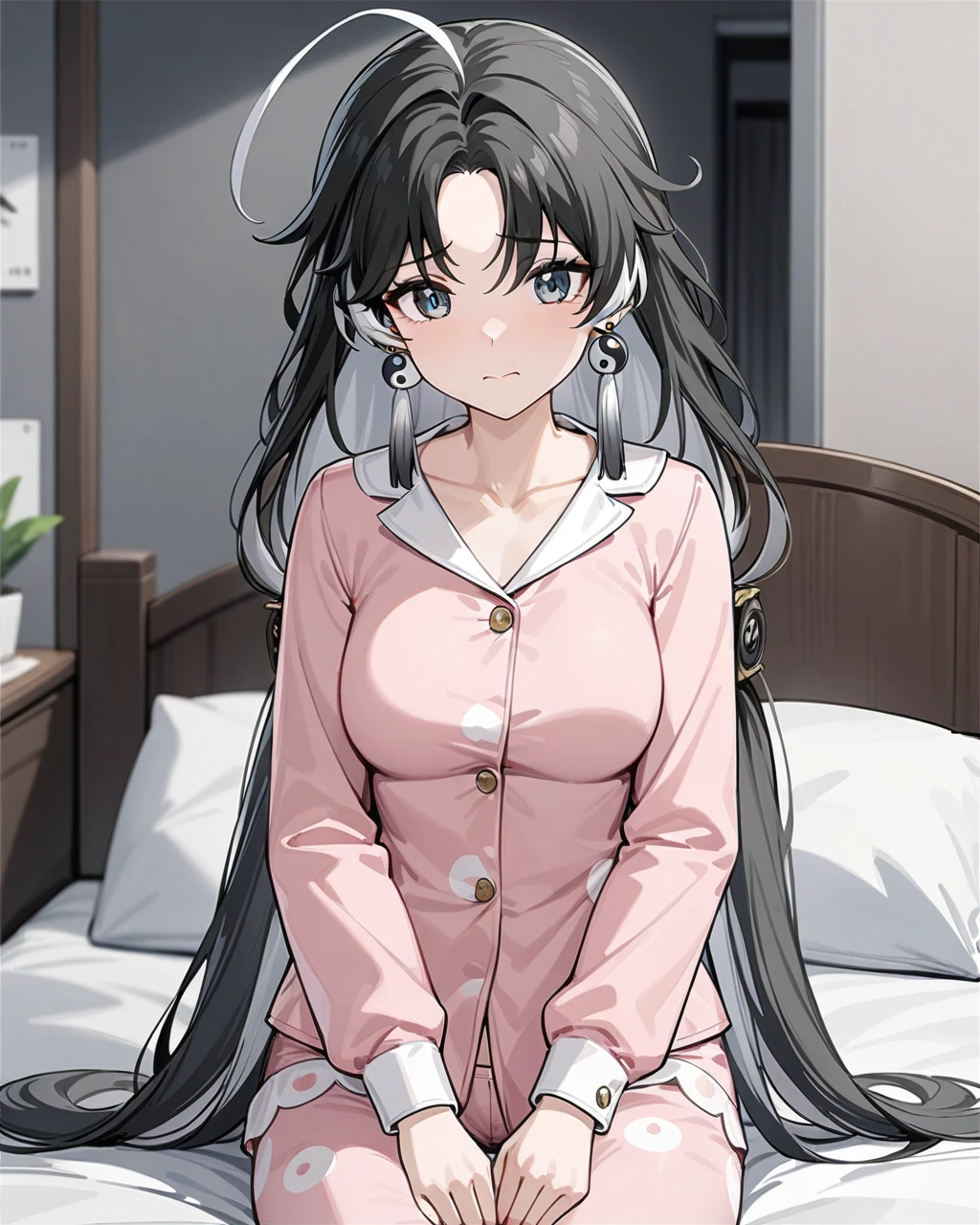 masterpiece,best quality,cute pajamas,indoors,looking at viewer,shy,
jianxin,1girl,solo,jewelry,earrings,black hair,multicolored hair,long hair,ahoge,yin yang,