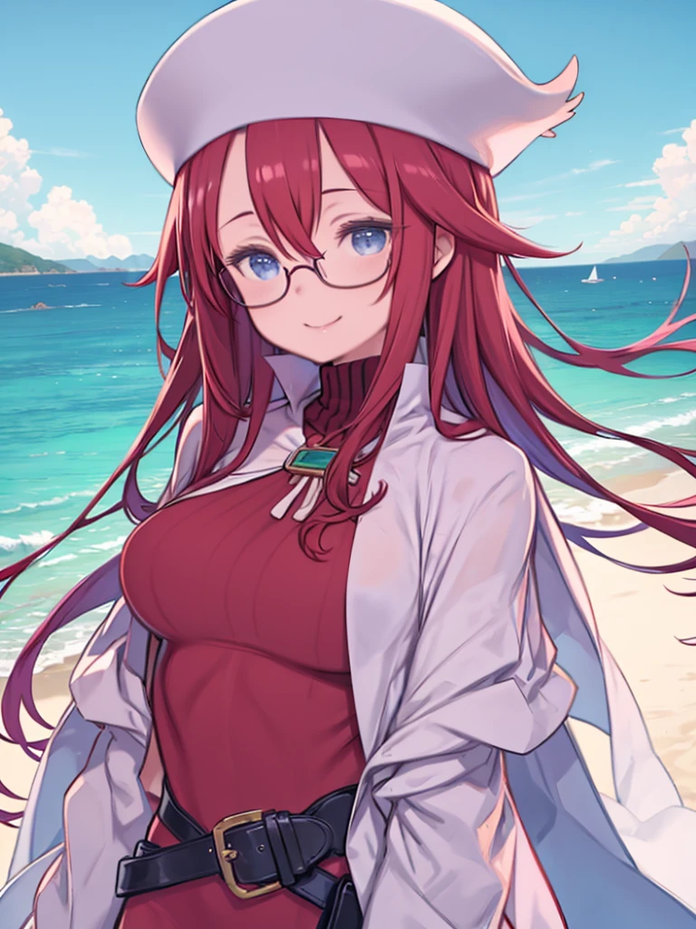 One Girl、Red color hair、long hair、Hair between the eyes、Red turtleneck sweater、Blue Eyes、Big Breasts、Cape、White Hat、belt、boots、Glasses、Smiling、Watching the audience、Upper Body、Beachside，summer，blue sky，Baiyun，refresh，Vibrancy，Rolling Sea，coastline，

