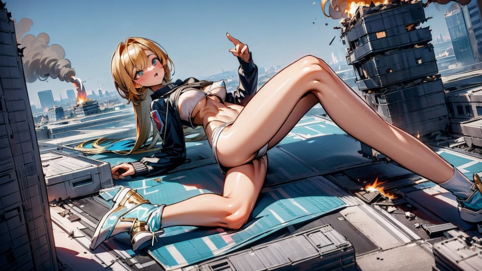 Giantess with firm , long sexy legs, yellow hair and in a bikini is lying on the ground, while the city at her feet burns in flames for the destruction she has caused, while the tiny people climb on her body to try to defeat her uselessly. Giantess, goddess, macrophilia, curvaceous body, hentai, fetish, sexy legs, bikini, high heels, high quality, tiny people, people climbing body, giantess body, small people
