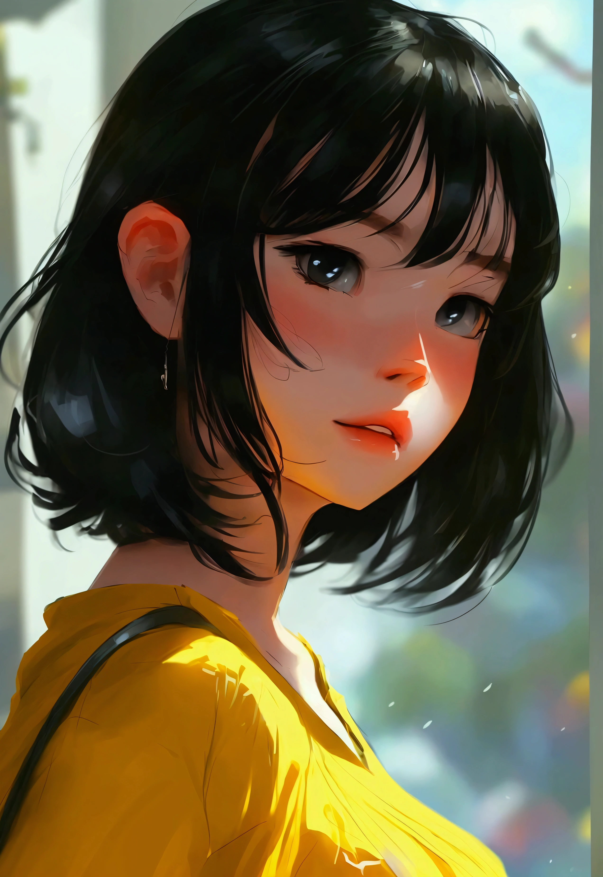 Samdos Arts、woman、Asian、Black Hair、Twin tails、22 years old、yellowTshirt、Moderate bust、Simple Background