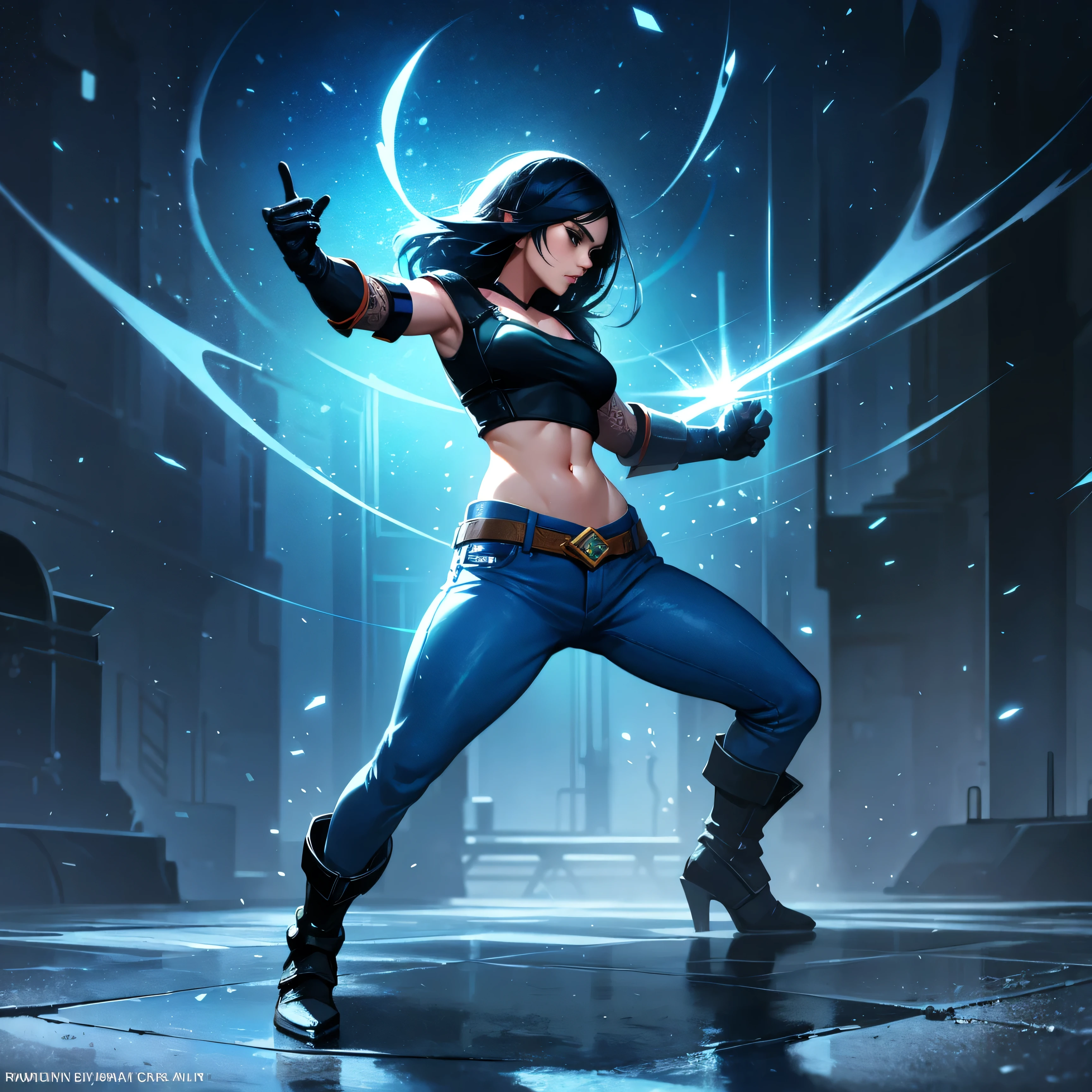 1girl, (solo), medium straight hair, dark blue hair, blue eyes!, arrogant face, medium breasts, white crop top!, blue short jean!, black boots, black gloves, small size, fair skin, blue castSpell in hand, full body, fighting pose, arena, (night), (very sexy body, detailed face, masterpiece, highly detailed, 8k, best quality, vibrant colors, digital art, concept art)