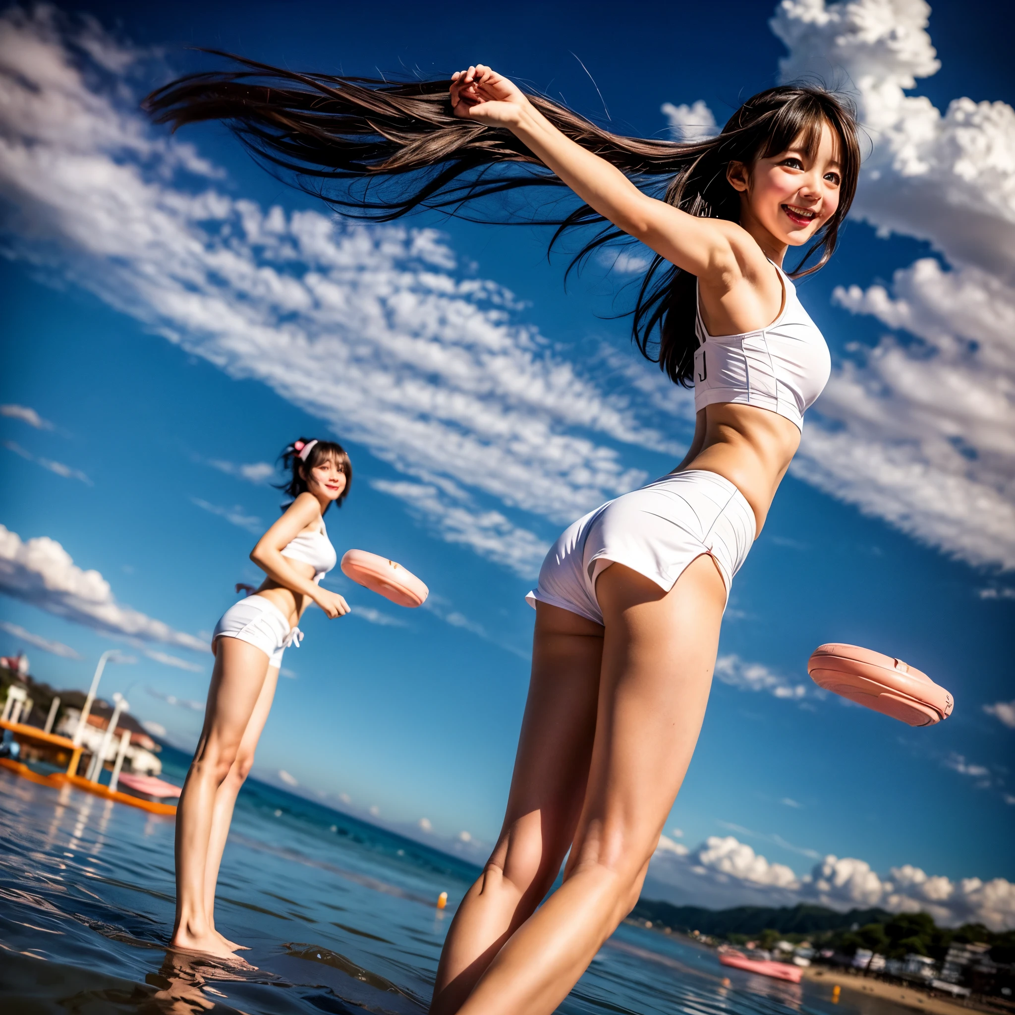 ((ExtremelyDetailed ( KAWAII Girl Floating:1.37) in WHITE at Dusk Enoshima Beach)), (masterpiece 8K TopQuality) (ProfessionalPhoto:1.37), {(Standing Full Body:1.2)|(from below:1.2)}, Different types of hair colors, {(White skinny(School Swimwear))|(SchoolUniform with WhiteSkinny LowRise shorts)}, {Detailed Childish hand|Hidden hand|Armpit|Different types of breasts of various sizes from HUGE to FLAT|(Clearly Visible the shape of Butt)}, Joyful Expressions LifeLike Rendering, PerfectLighting, Dazzling Horizon, (Starry IridescentParticles) ColorfulClouds