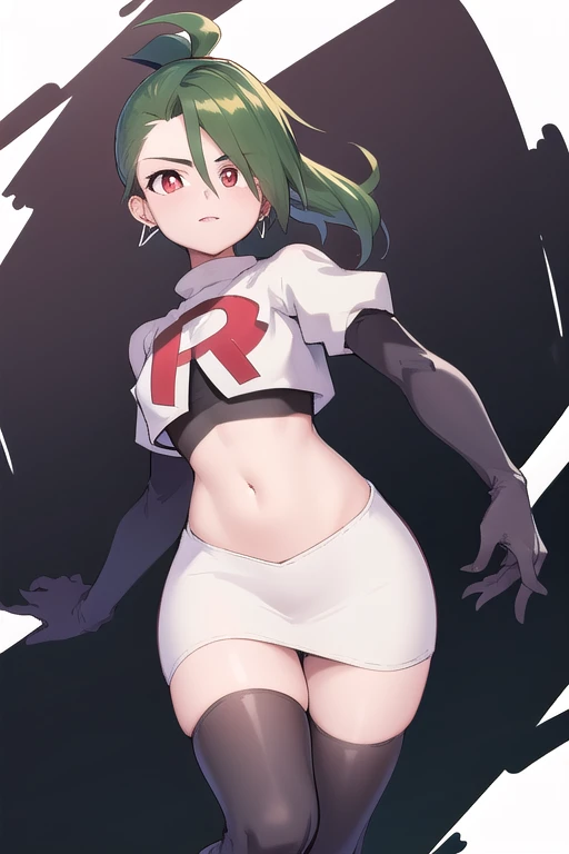 absurdres, best quality, 1girl, solo, eye focus, looking at viewer,  rika, ahoge, ponytail, bright pupils, white pupils, earrings, green hair, red eyes, bright pupils, team rocket,team rocket uniform,white skirt,red letter R,crop top,black thigh-highs,black elbow gloves