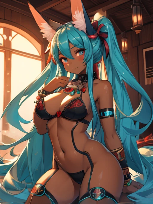 Miku Hatsune,Arabic, tanned skin, High Definition, kitsune ears, tatuaje tribal  horny teen