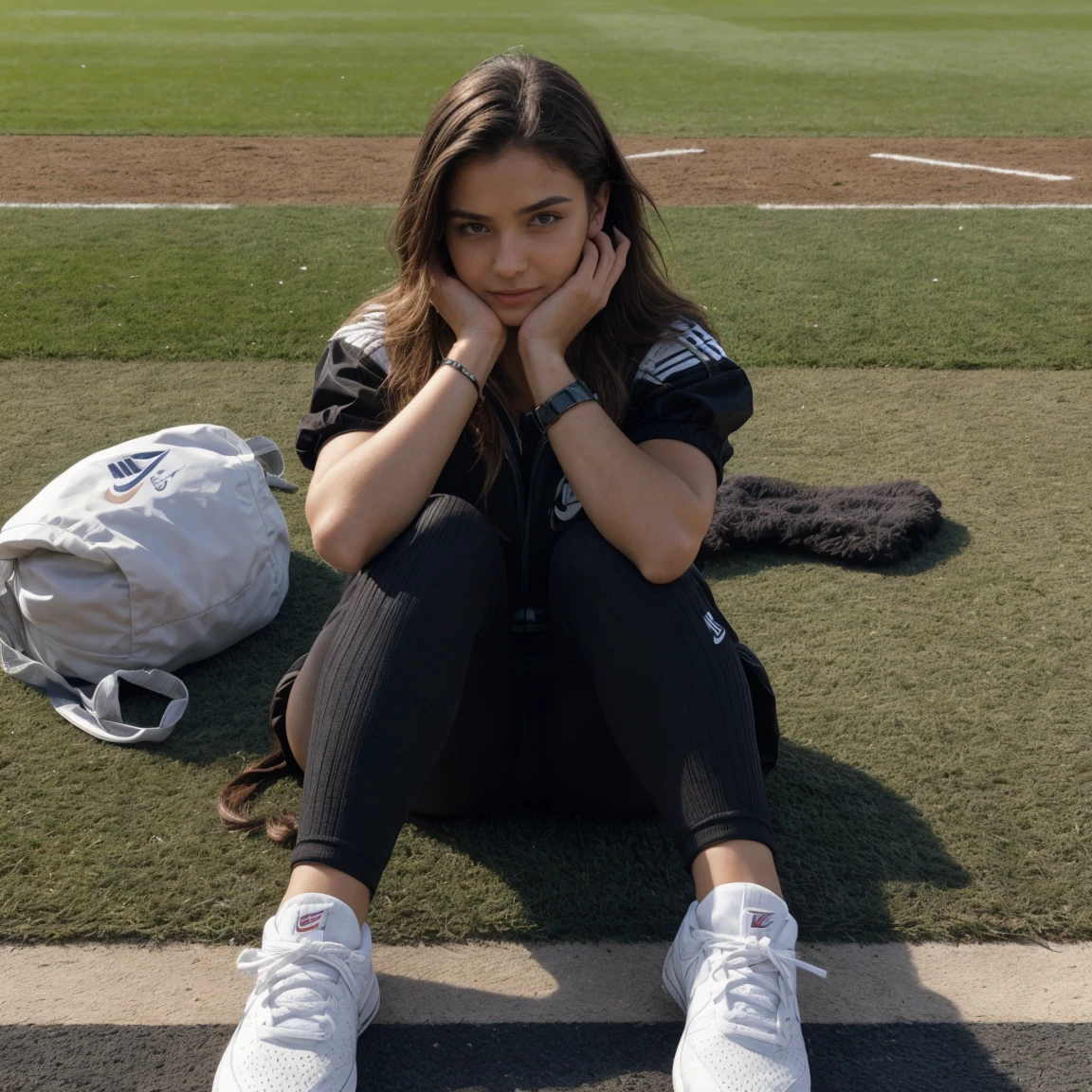 posant ,Vue de face, prise de vue en grand angle, Thème stade de foot, cheveux queue de cheval, Beau (brun) femme européenne, dans la trentaine, Assise dans l'herbe d'un stade de foot, (pendant la journée, corps et cuisses épais, porte un survêtement noir nike)