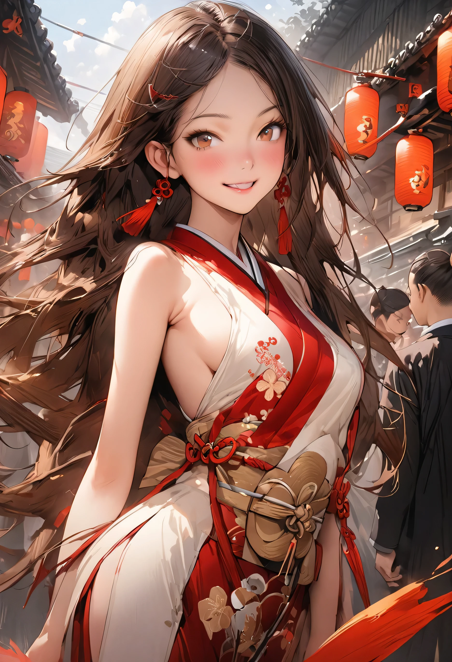 ((masterpiece,Highest quality:1.3,best quality illustration,realistic:1.3)),cowboy shot,solo,1woman,(18-year-old、Japanese Beauty)、brown hair,long hair,bangs,brown eyes,gorgeous eyes,((very small head:1.3)),smile,((very long body:1.2,skinny)),medium breasts,(Red ribbon tie、White collared shirt、Long sleeve navy blue pleated mini skirt),gleaming skin,toned body,slender body,standing,(Holding a handgun in your hand)、Detailed handgun、on street,neon、shibuya,Tokyo、