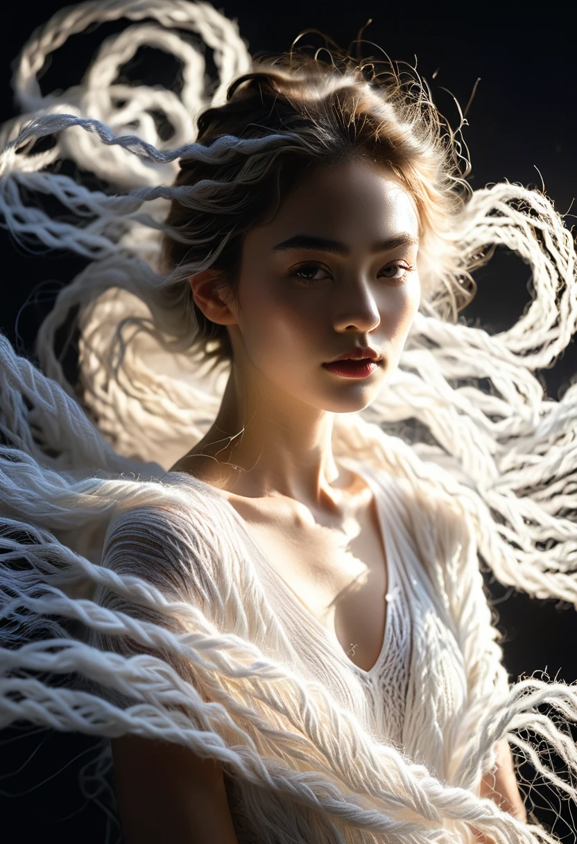 Female Model,Dark background,Backlight,Long white yarn,Michal Katz Style,Ultra-fine details,photography,4K