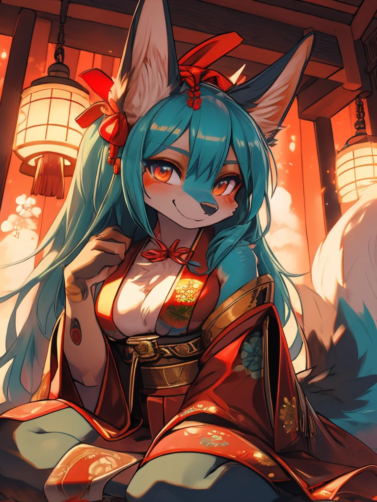 Miku Hatsune, add high definition_detail:1, blue fur,kitsune ears, tribal tattoo add_detail:1, showing her beautiful figure, japanese shrine costume, japanese magic shrine add_detail, Eclipse solar, smiling add_detail:1, horny teen add_detail