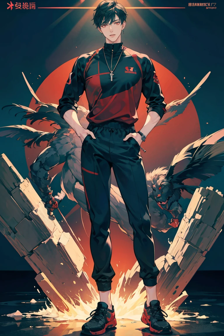 (masterpiece), best quality, seductive eyes, perfect face, handsome man, red eyes, middle part black haircut, volleyball jersey, sports jogging pants, full body, tall man, long legs, anime cover, 1boy, cross ear rings, hands in pockets, adult-like look, volleyball player 
