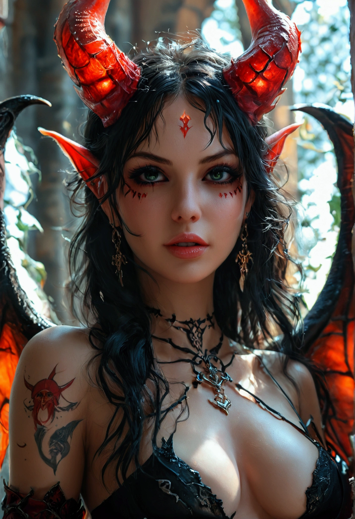 masterpiece, illustration, ultra detailed, beautiful,detailed face, best quality,beautiful detiled eyes,perfect body,official art,grand plix award illustration,professional lighting,cowboy shot,pov,(1girl,succubus,black long hair,black eyes),medium breast,succubus costume,deill wings,devil horns,demon tails,pubic tatoo,seductive smile,ancient castle
