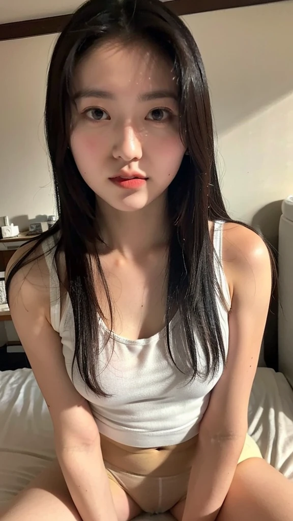 (at bedroom, 1 girl, small breasts, medium long hair, sheer white tank-top, camel toe, spread legs:1.5), fair-skinned, glossy lips, skinny, body type, delicate and sexy clavicle, highest quality, RAW photo, realistic, face, incredibly ridiculous beautiful girl, cute, Depth of bounds written, High resolution, ultra detail, detailed, Very detailed, extremely detailed eye and face, sharp pupils, sharp focus, cinematic lighting