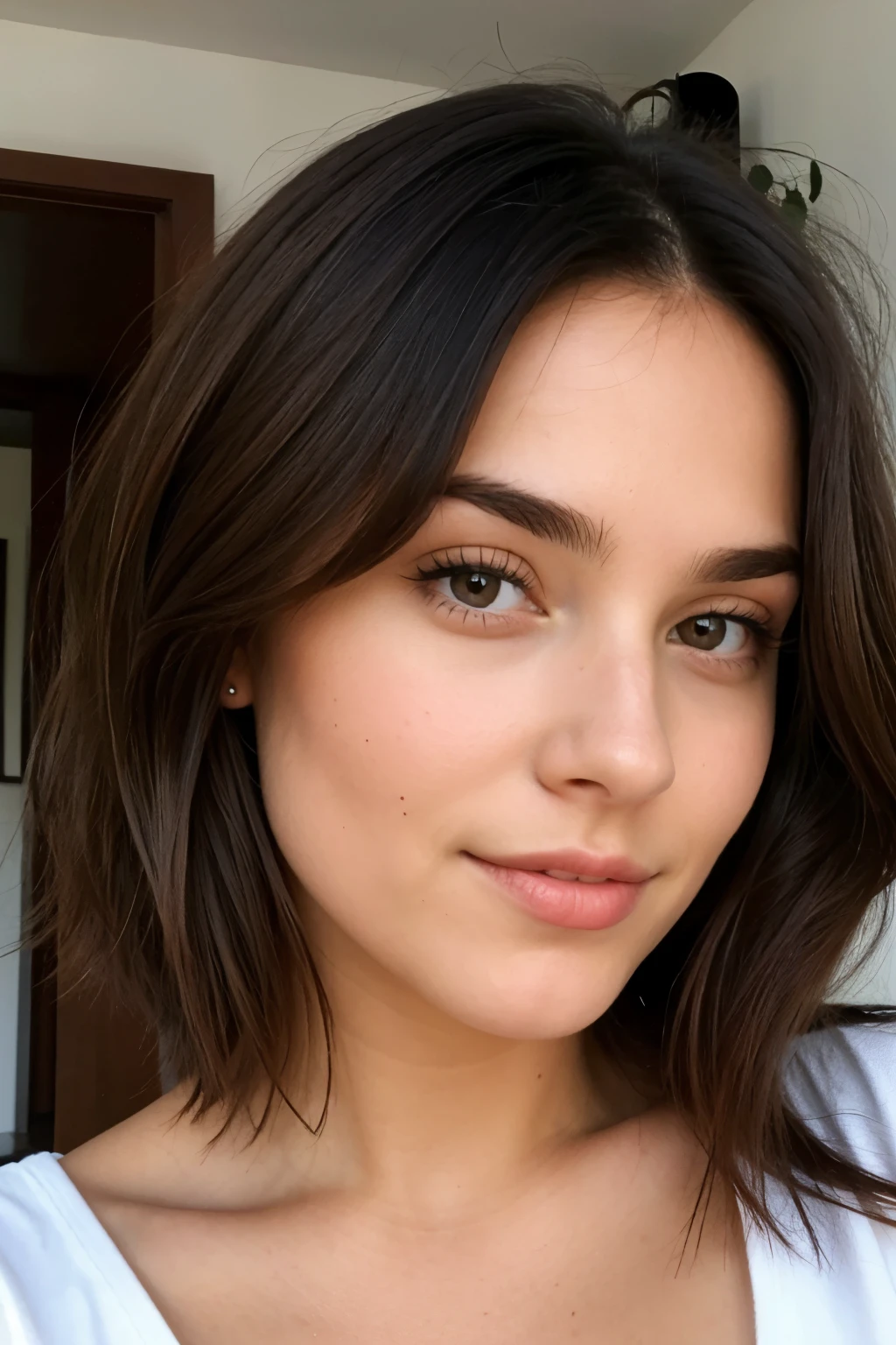 Femme brune européenne hyperréaliste aux cheveux bouclés et au visage rond et sérieux