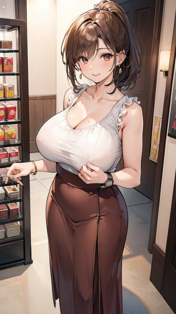 Female 26 years old,housewife,Sunlight,Smile,put on lipstick,Light brown curly short hair,A ponytail on the left,Slightly plump,huge firm breasts,market shopping,Wearing a watch on the right hand,half moon earrings,Full body fitted long skirt