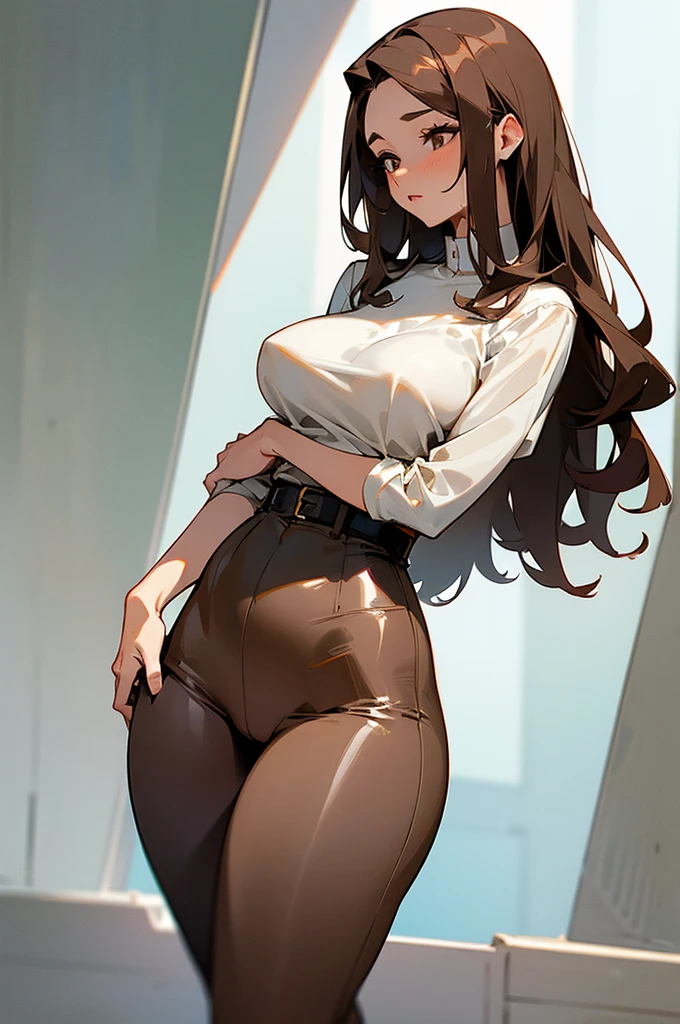 ((best quality)), ((masterpiece)), (detailed) 1womanl, 30years, Bullish, brunette color hair, breasts big, Waist slender, thick-thighs, sexy brown eyes, wet white tight shirt, gray pants marking the vagina