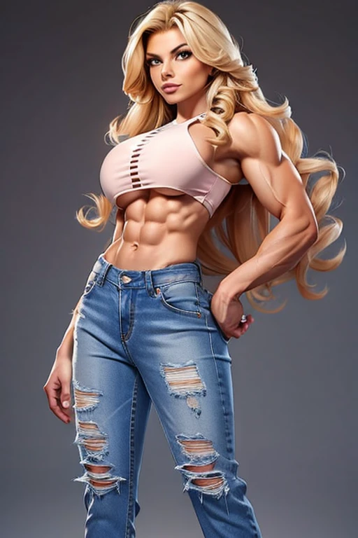 beautiful 20 yo woman, long blonde curly hair, attractive, micro bra, short fur jacket, free midriff, jeans pants, sixpack abs, strong well defined muscle, lean powerful bodybuilder physique, perfect and flawless musculature, great muscle definition, perfect six-pack abs