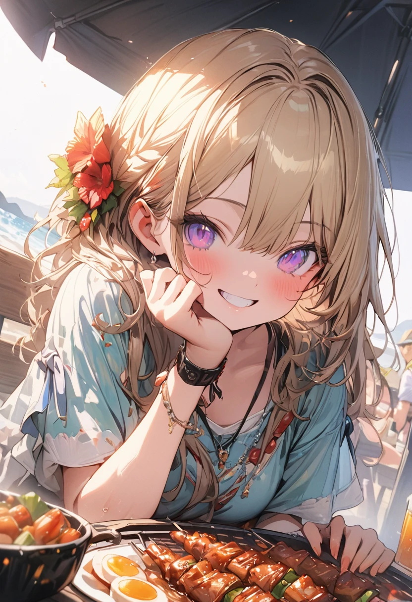 cute girl, smile, (masterpiece, best quality, highly detailed, ultra detailed, absurdres:1.3), (1girl, cute, charming, detailed beautiful face:1.3), (fantastic illustration, beautiful detail, best quality, top quality, high quality,  fain touch outline:1.3), watercolor, clear, beautiful detail, cute girl is enjoy Barbecue, delicious looking, summer, beautiful detail