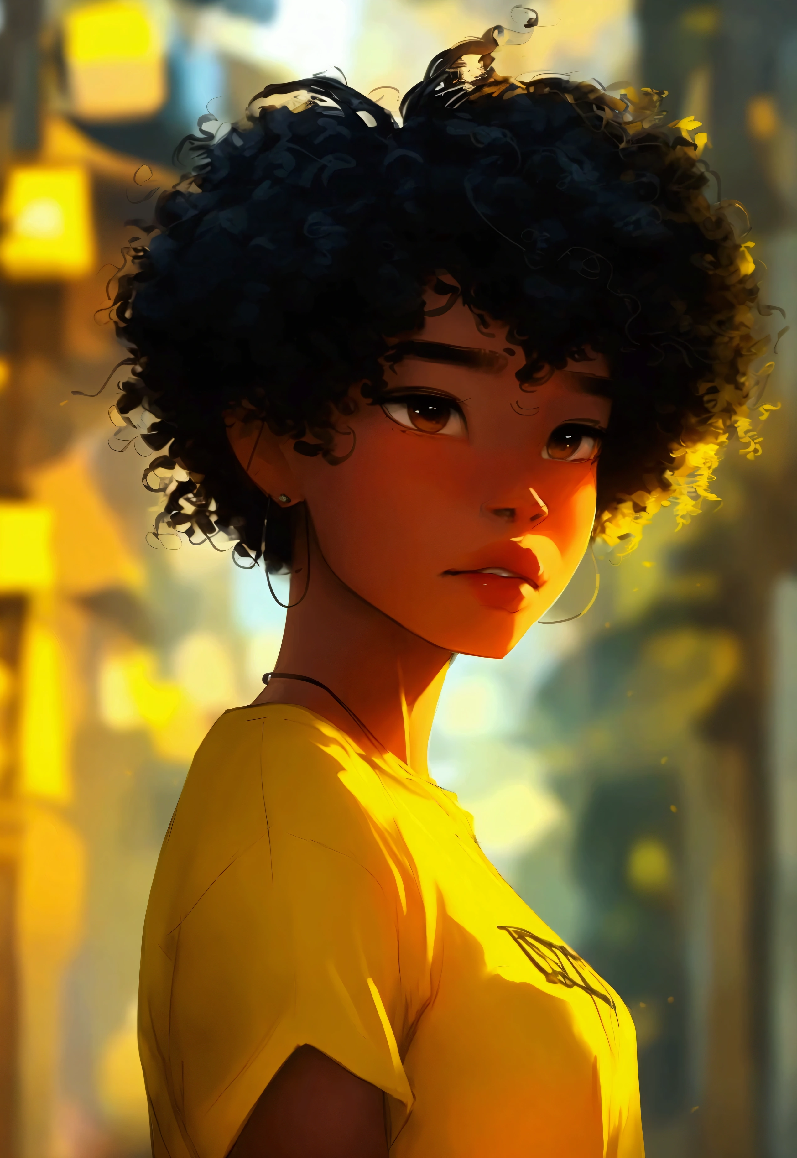 Samdos Arts、woman、Afro-American、Black Hair、Short Hair、22 years old、yellowＴshirt、Moderate bust、Simple Background