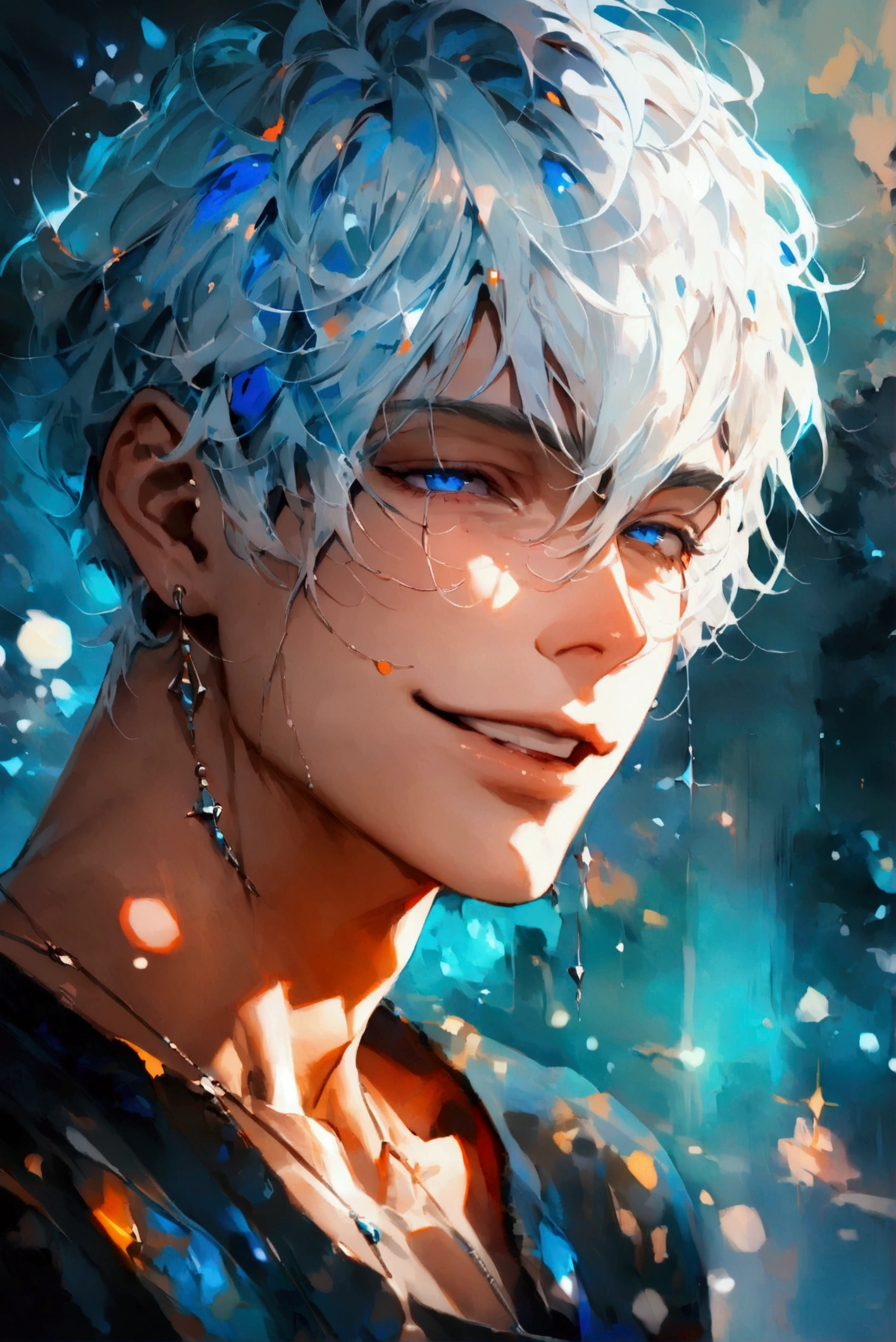 ((masterpiece)), ((best quality)), (from front, facing front:1.32), (close-up:1.2), (half-body shot:1.36), perfect anatomy, 1man solo, adult man, long white hair, blue eyes, smiling