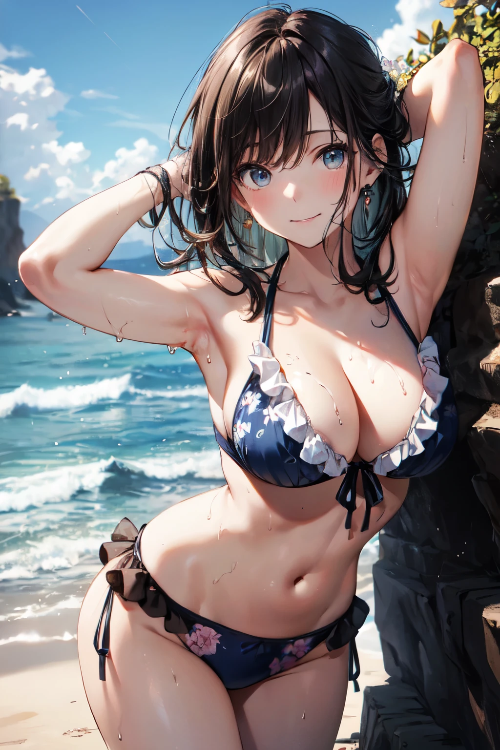 very cute and beautiful girl,(highly detailed beautiful face and eyes),(frilled floral pattern blue and white bikini),sweat,wet,waterdrop, standing,arms behind head,beach,distant rugged cliffs,(smile),happy,looking at viewer,black hair, (best quality,masterpiece),absurdres,highres,ultra-detailed,extremely detailed,32k, cinematic scene,detailed background,solo,dynamic angle, hair fluttering in the wind,beautiful detailed sky,realistic,