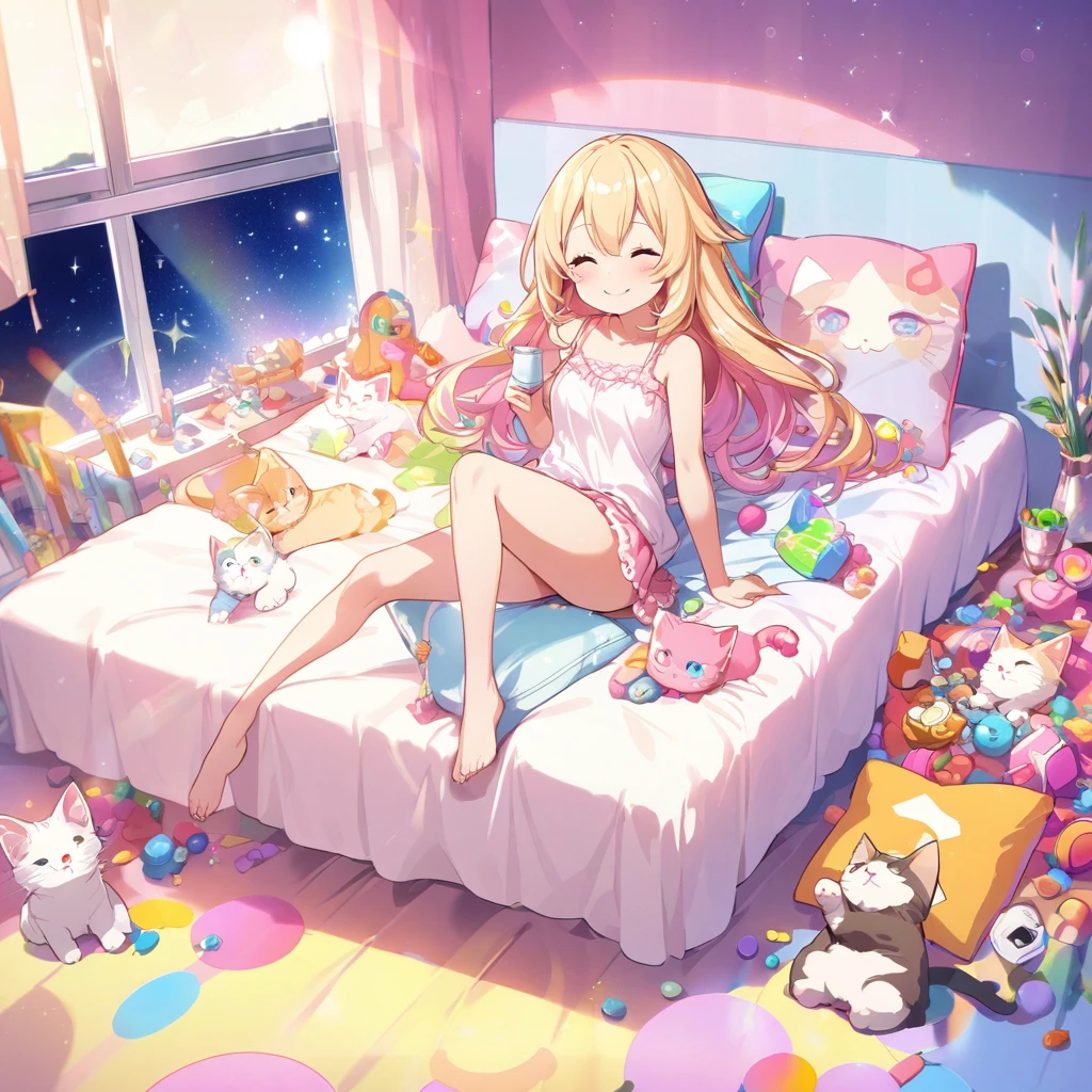 masterpiece, best quality, 4k、2D illustration、one beautiful girl、solo、(((chibi style)))、((vivid colors))、((cute chibi))、lovely chibi、((night)), ((window)), ((starry sky)), ((long beautiful hair)), glossy blonde hair, hair between eyes, cute、closed eyes、((camisole dress)), ((miniskirt))、((colorful))、((smile))、lying in bed、((full body shot))、((kitten)), ((lots of colorful stuff around))、((bed))、sparkle、((lens flare))、