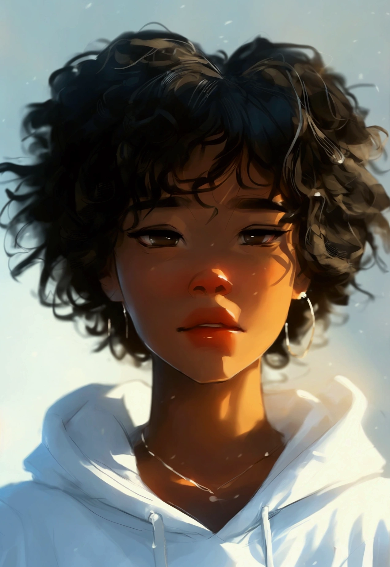 Samdos Arts、woman、Afro-American、Black Hair、Short Hair、22 years old、White hoodie、Moderate bust、Simple Background、solo