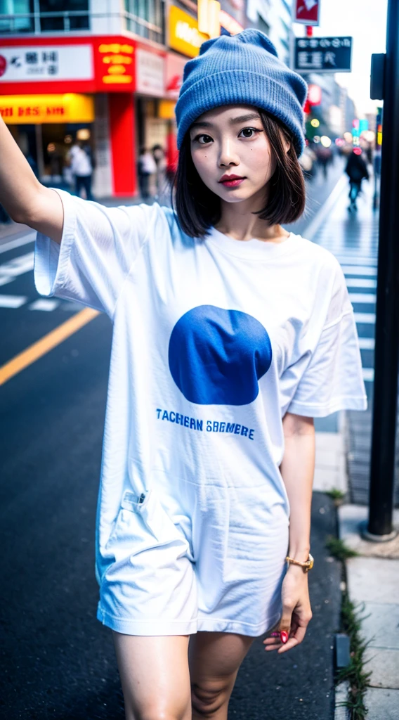 Korean woman, 27 year old female model, selfie, crosses a pedestrian crossing, people, city, oversize t-shirt, no bra, hd, masterpiece