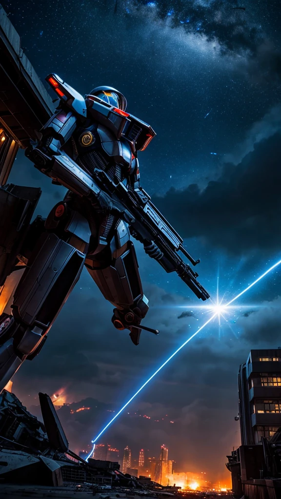 hot mech girl, big breast, war on alien, collapse building, night view, storm shadow meteor, ultra detail, blue eyes, panoramic scene, masterpiece, aesthetic