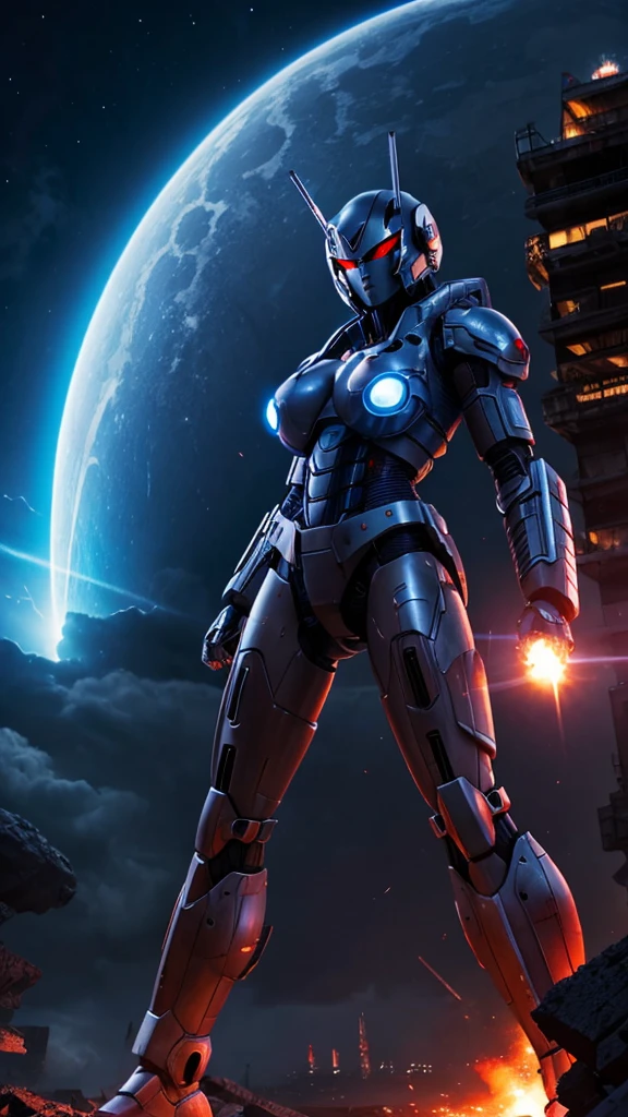 hot mech girl, big breast, war on alien, collapse building, night view, storm shadow meteor, ultra detail, blue eyes, panoramic scene, masterpiece, aesthetic